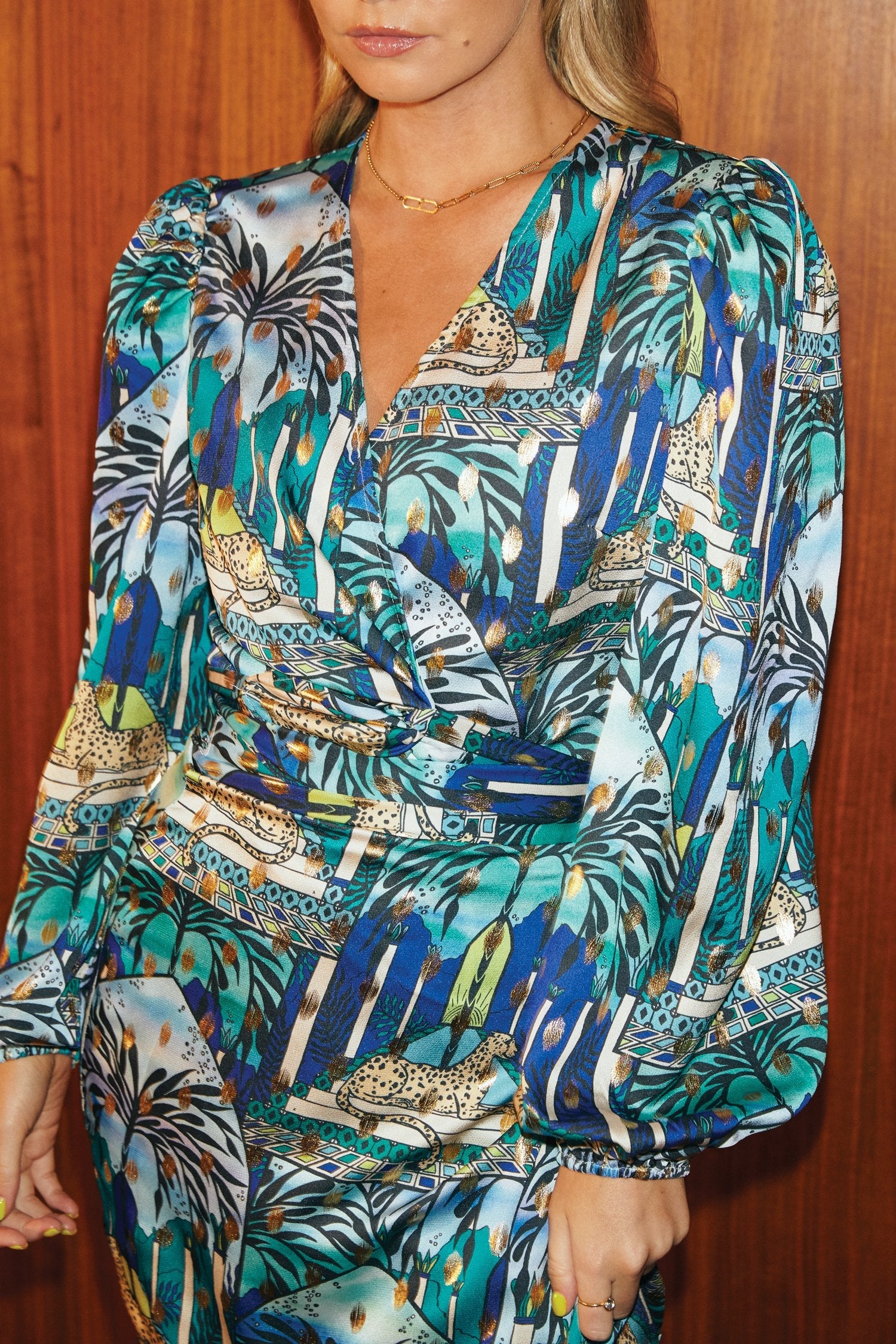 Blue Gaia Wrap Top With Gold Fleck - nfd-demo-dev