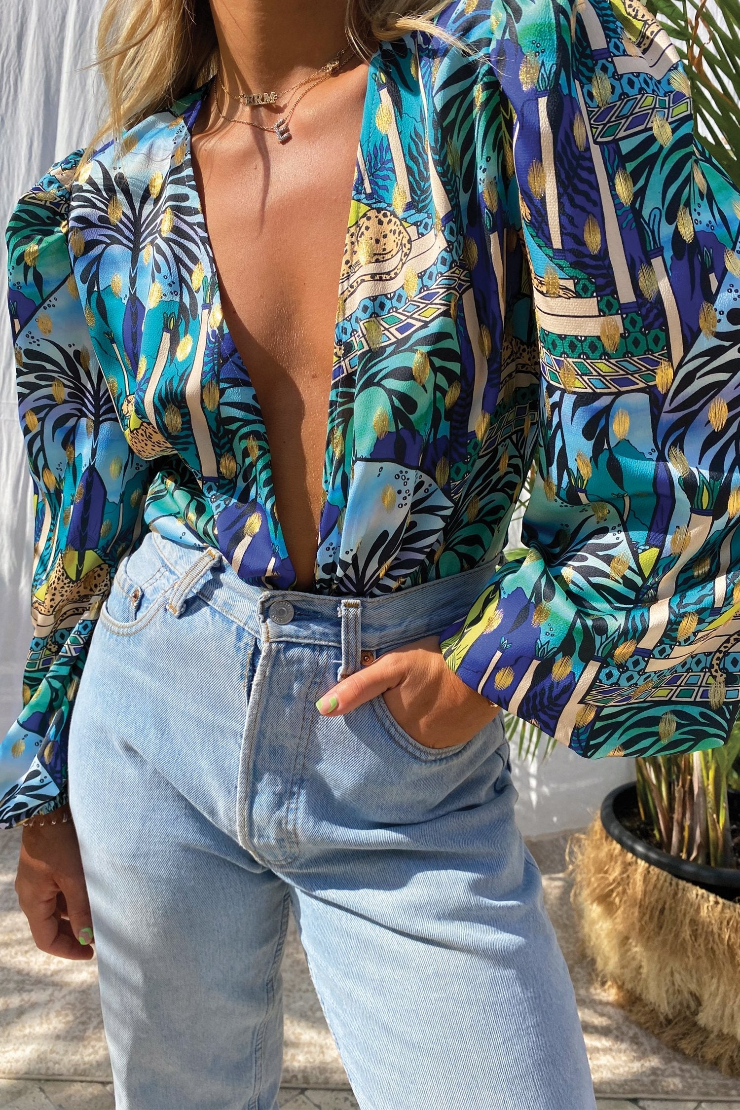 Blue Gaia Wrap Top With Gold Fleck - nfd-demo-dev