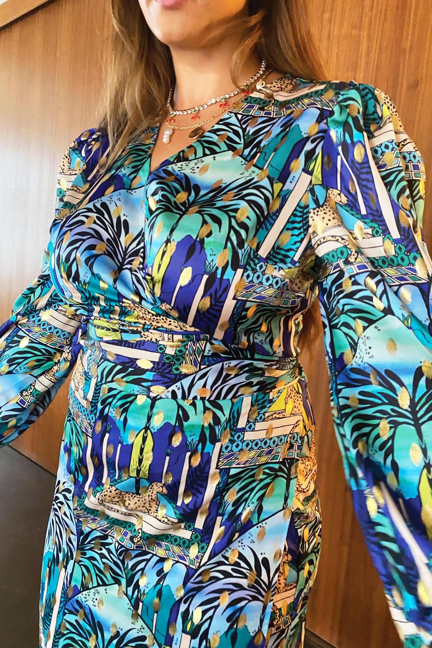 Blue Gaia Wrap Top With Gold Fleck - Curve - nfd-demo-dev