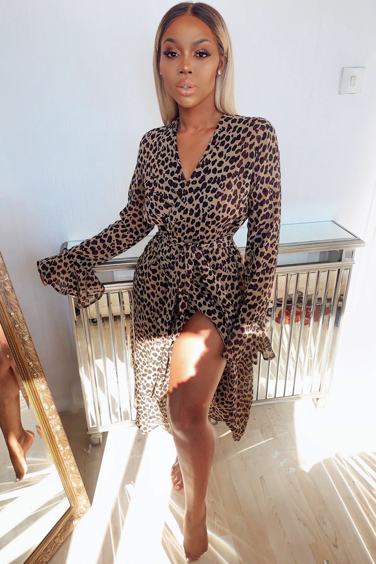 Brown Sheer Leopard Wrap Dress - nfd-demo-dev