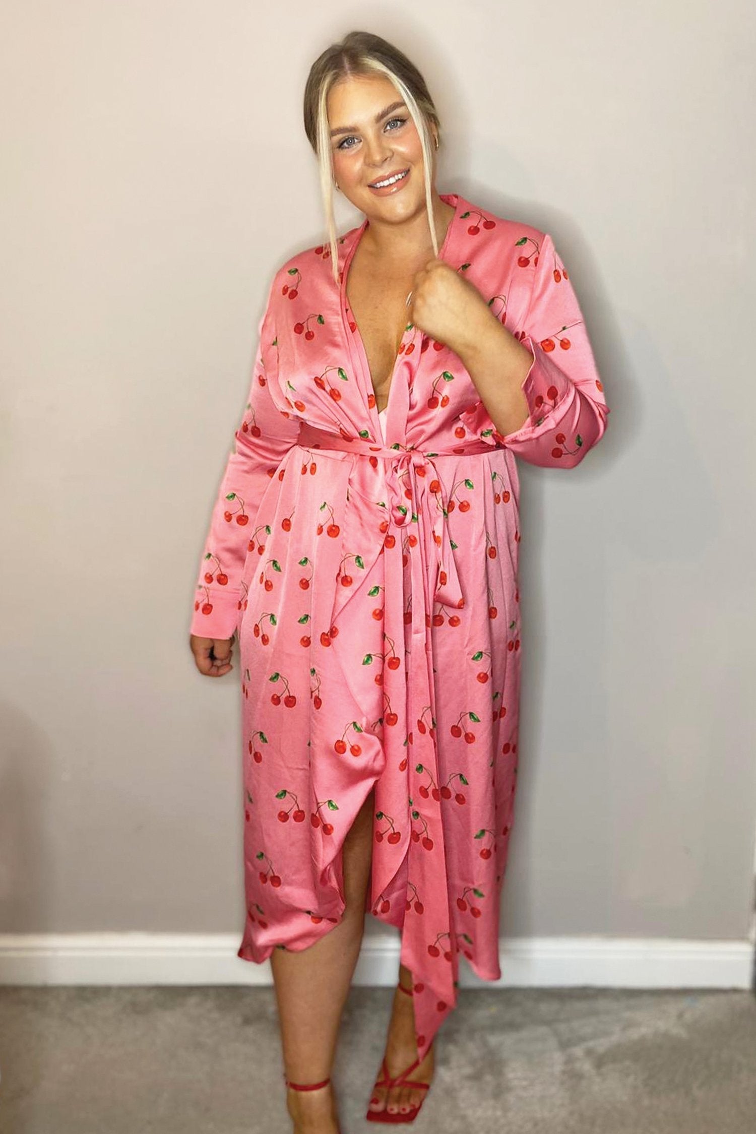 Cherry Print Long Sleeved Wrap Dress - Curve - nfd-demo-dev
