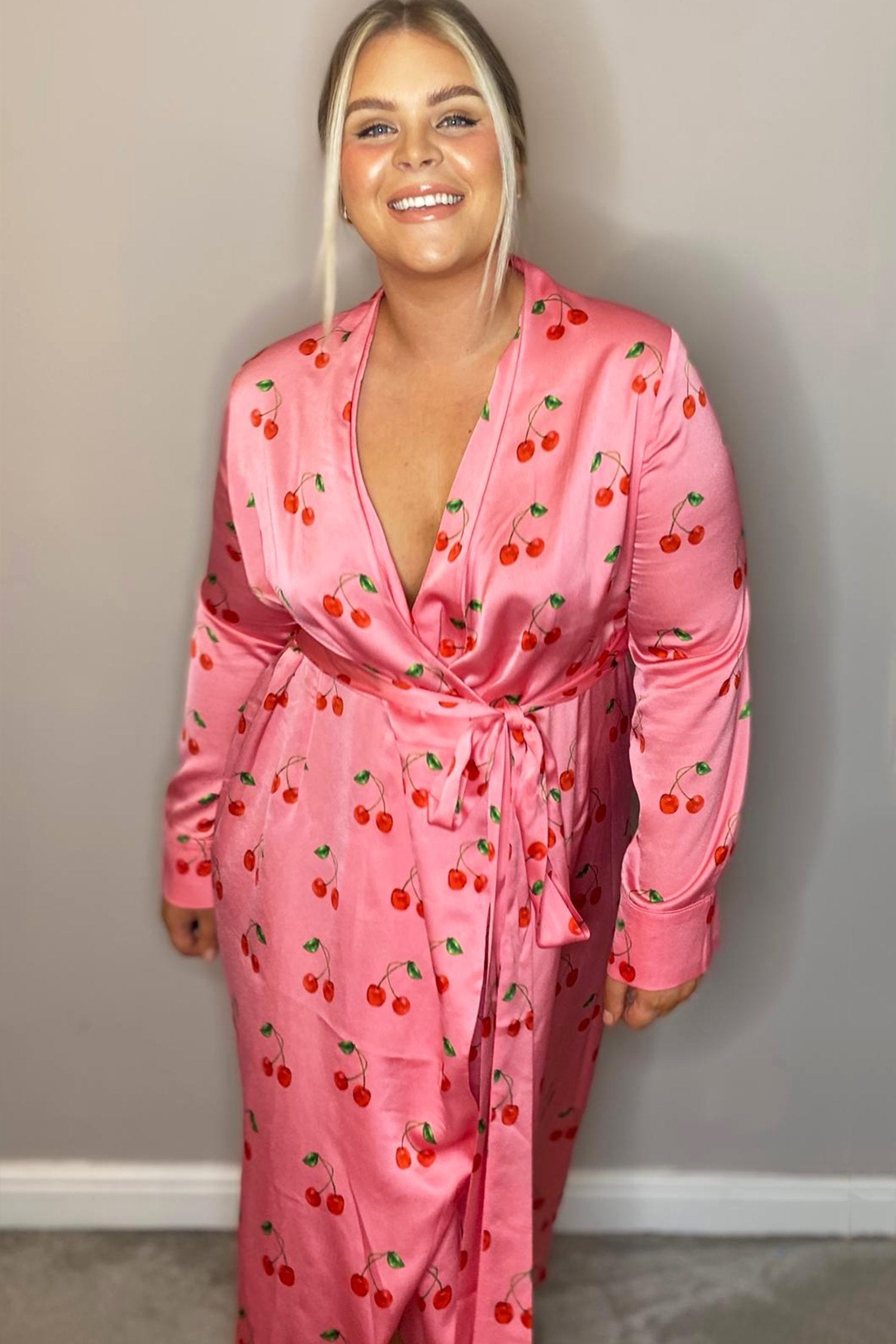 Cherry Print Long Sleeved Wrap Dress - Curve - nfd-demo-dev