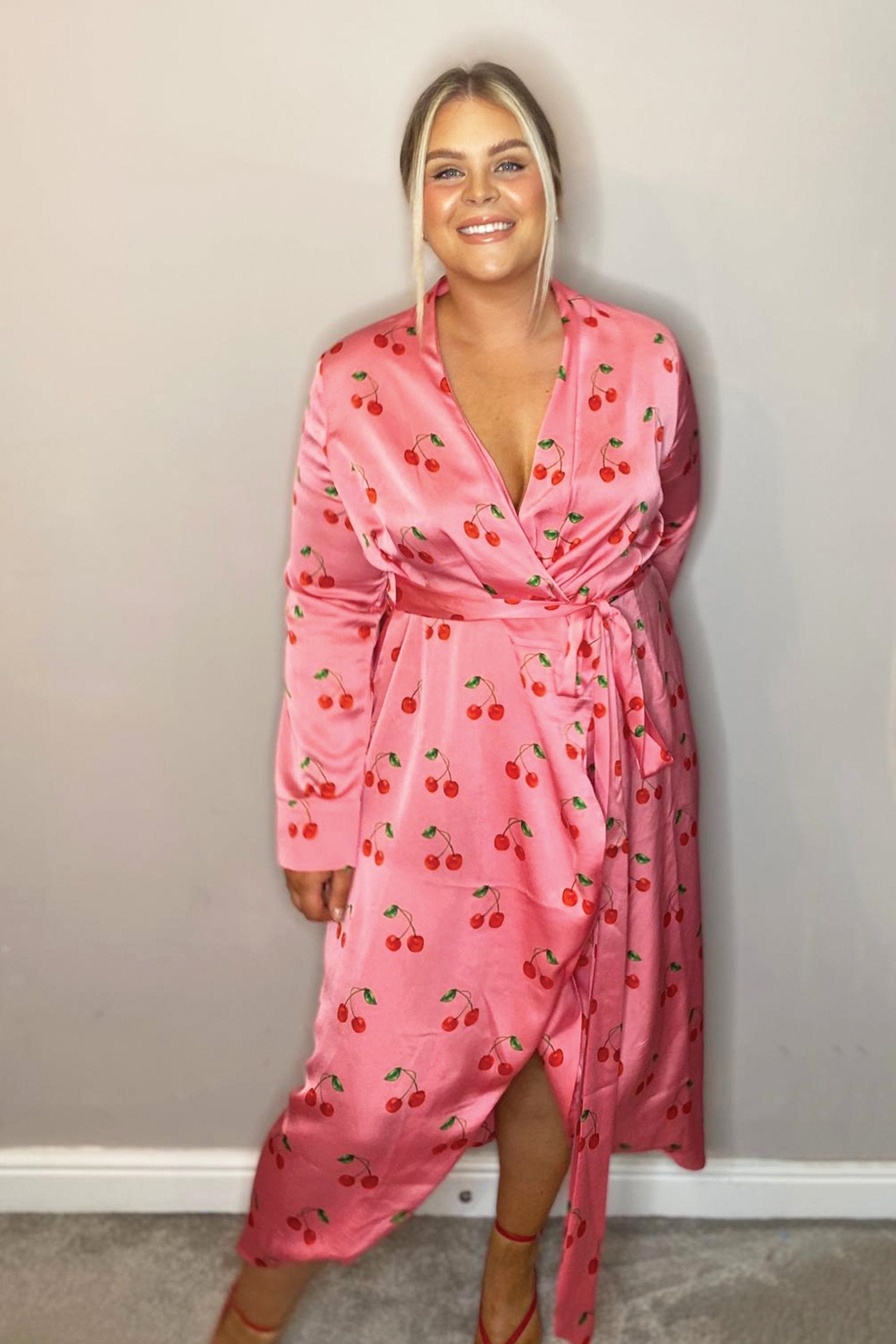 Cherry Print Long Sleeved Wrap Dress - Curve - nfd-demo-dev