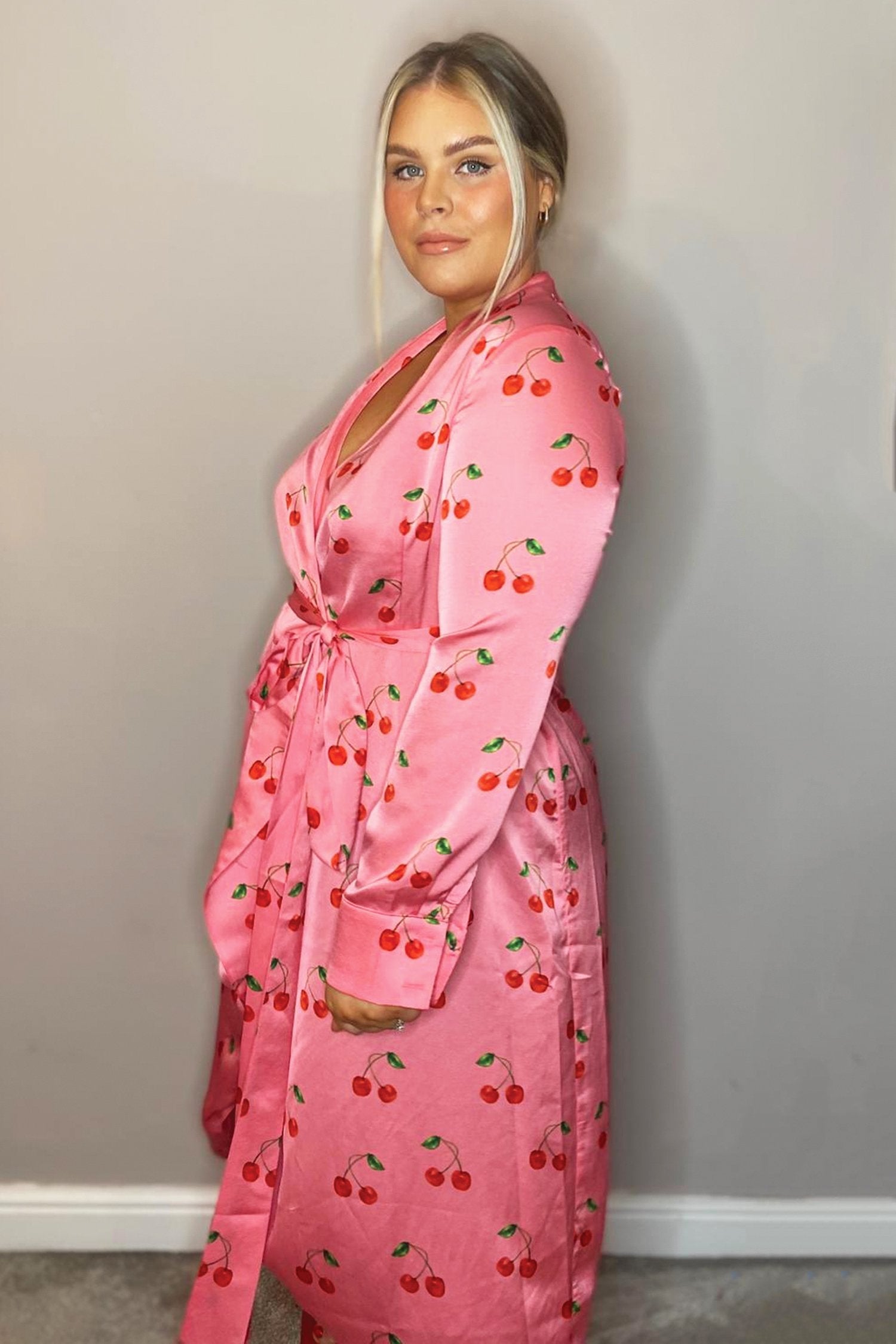 Cherry Print Long Sleeved Wrap Dress - Curve - nfd-demo-dev