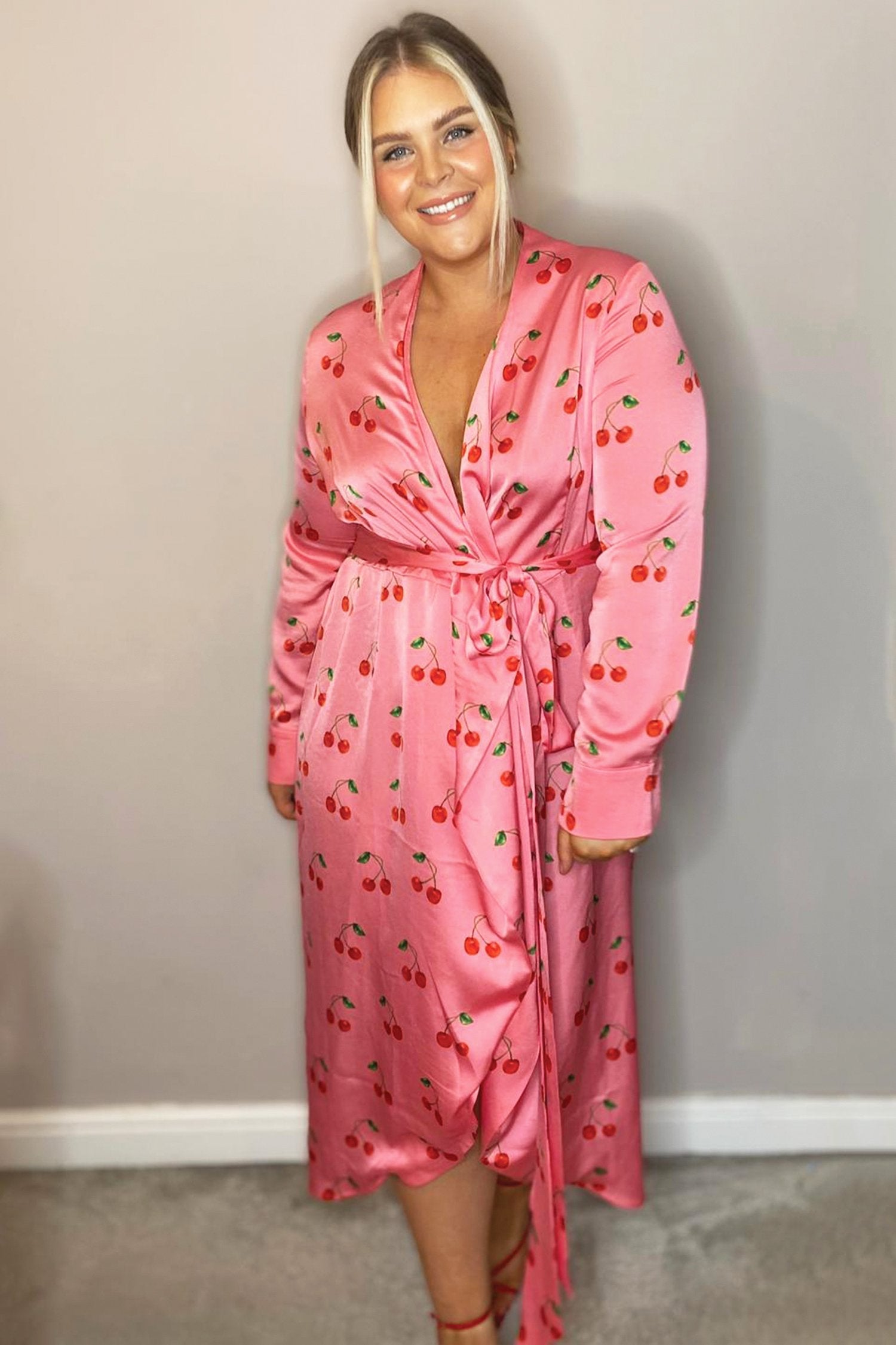 Cherry Print Long Sleeved Wrap Dress - Curve - nfd-demo-dev