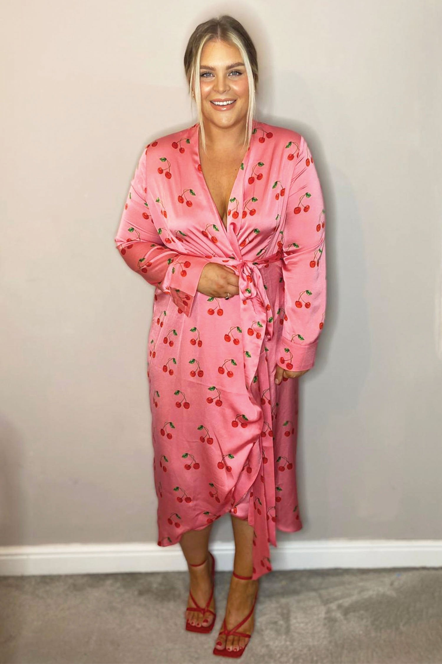 Cherry Print Long Sleeved Wrap Dress - Curve - nfd-demo-dev