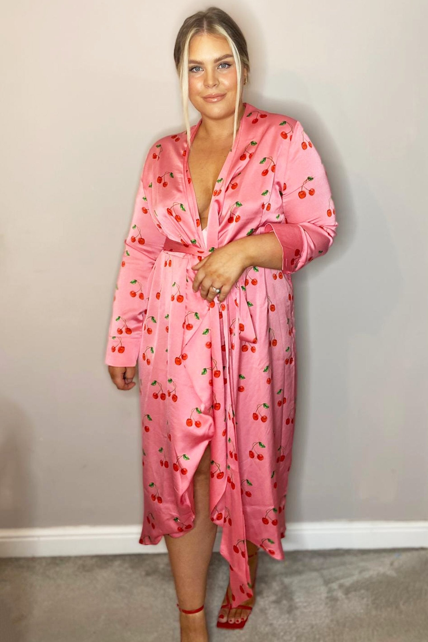 Cherry Print Long Sleeved Wrap Dress - Curve - nfd-demo-dev