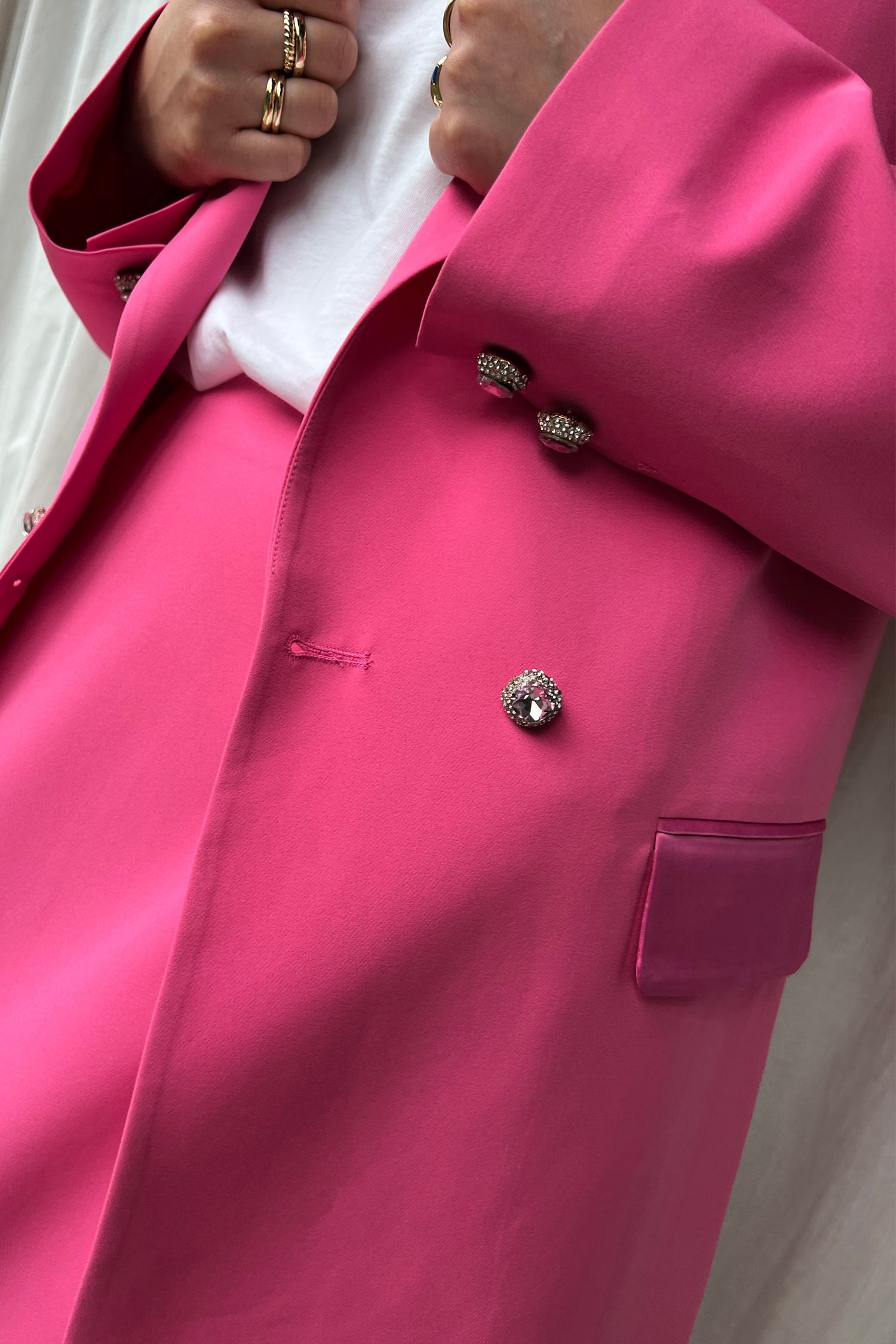 Model wearing Pink 54 Blazer close up