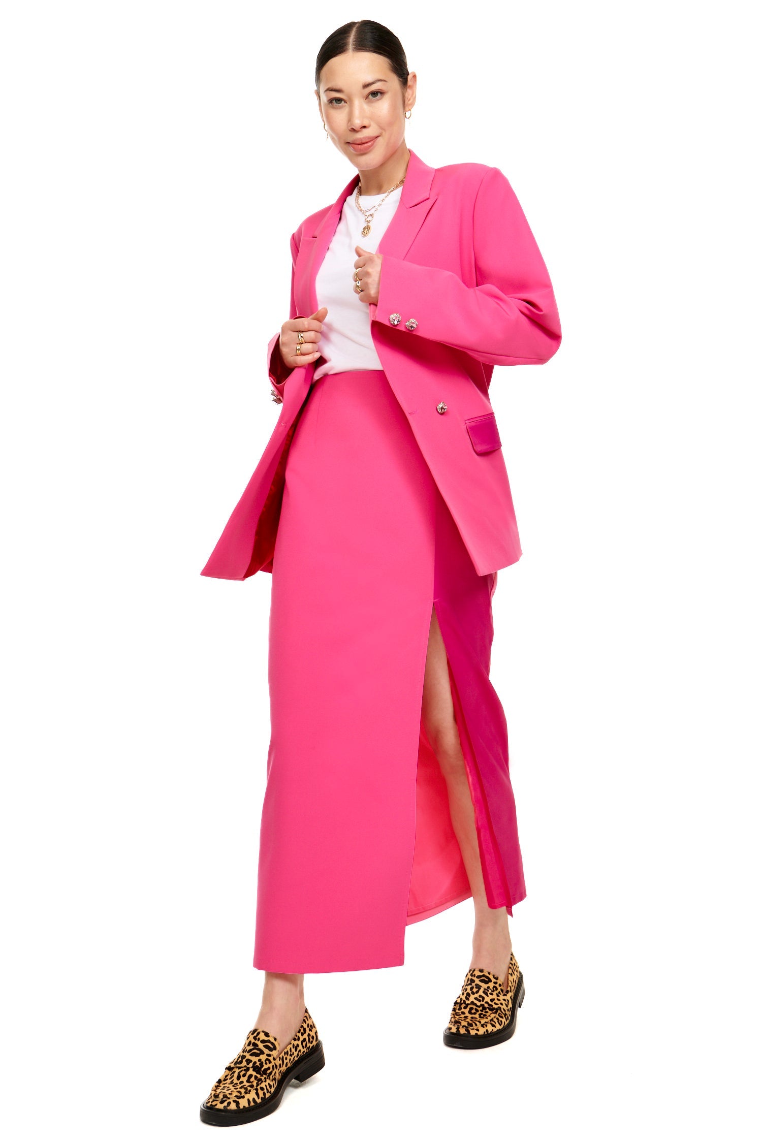 Model wearing Pink 54 Blazer standing facing the camera