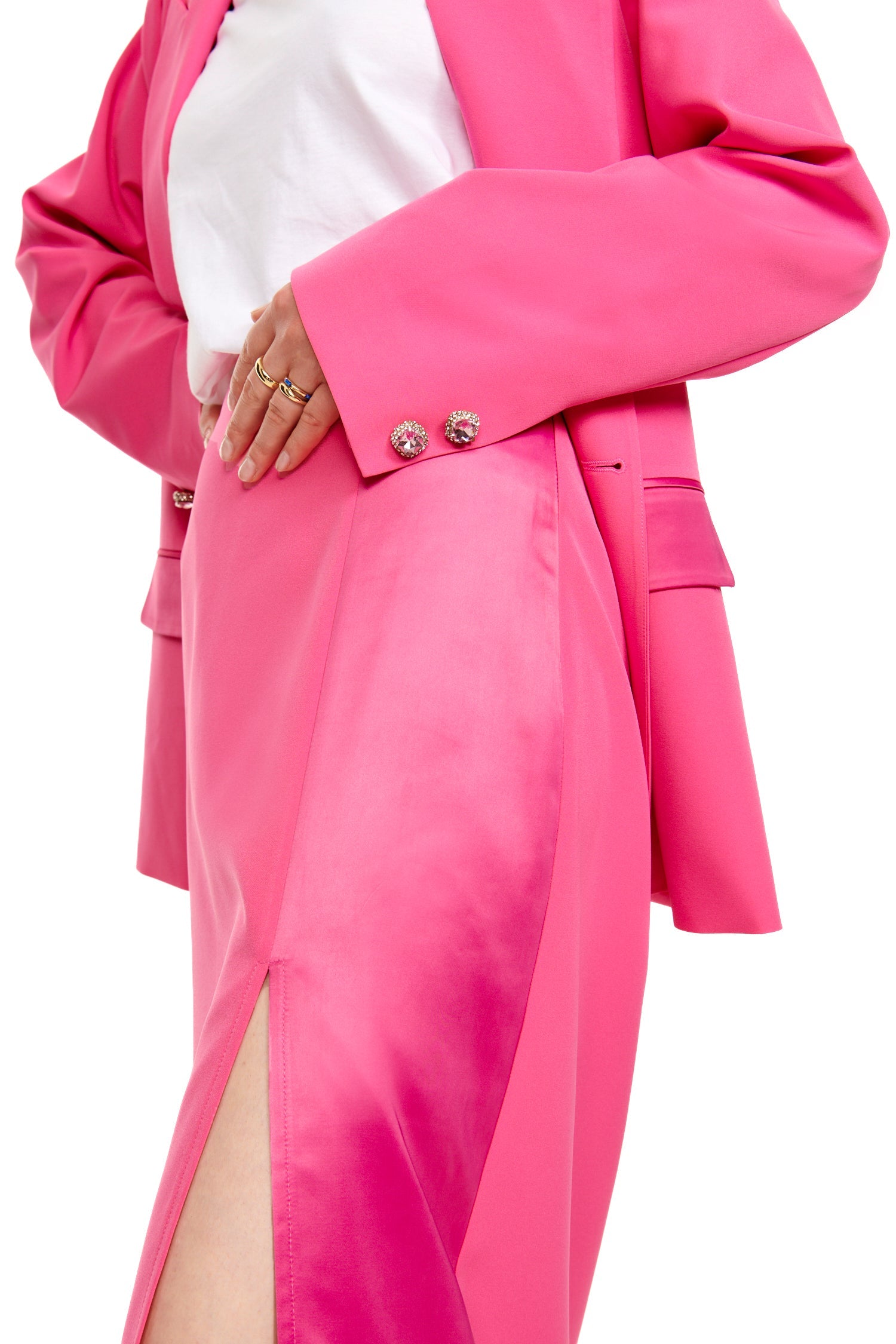 Model wearing Pink Maxi Split Skirt standing facing the camera close up