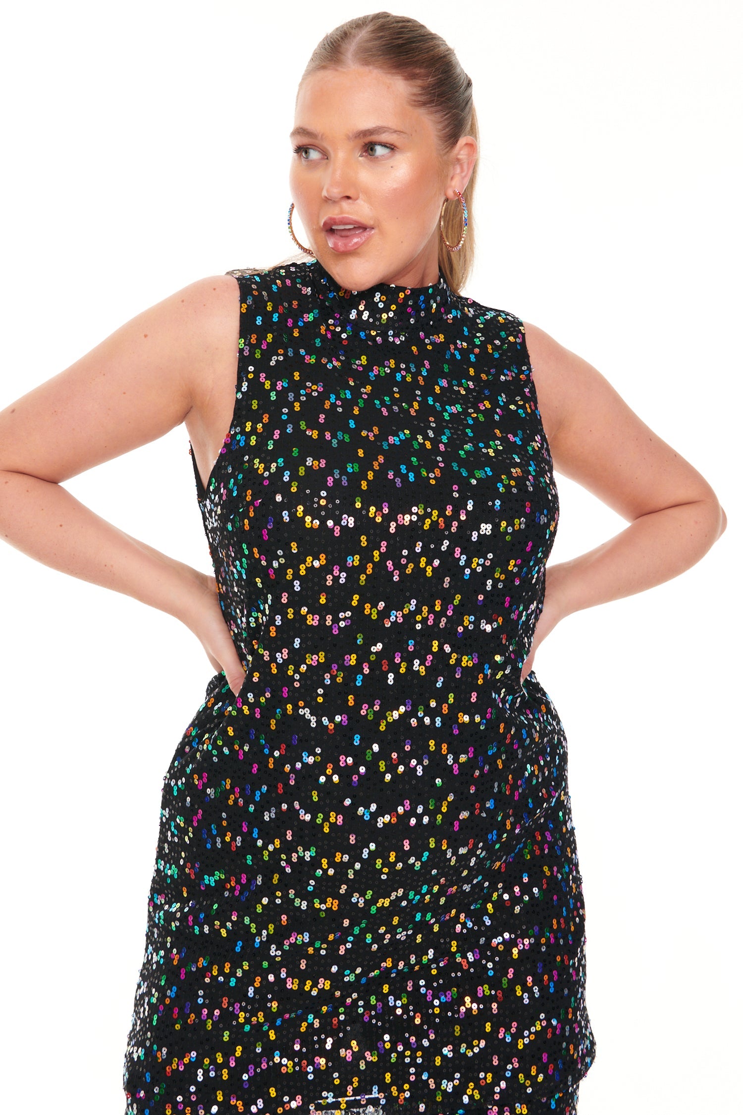 Model wearing Sequin Emily Dress standing facing the camera close up