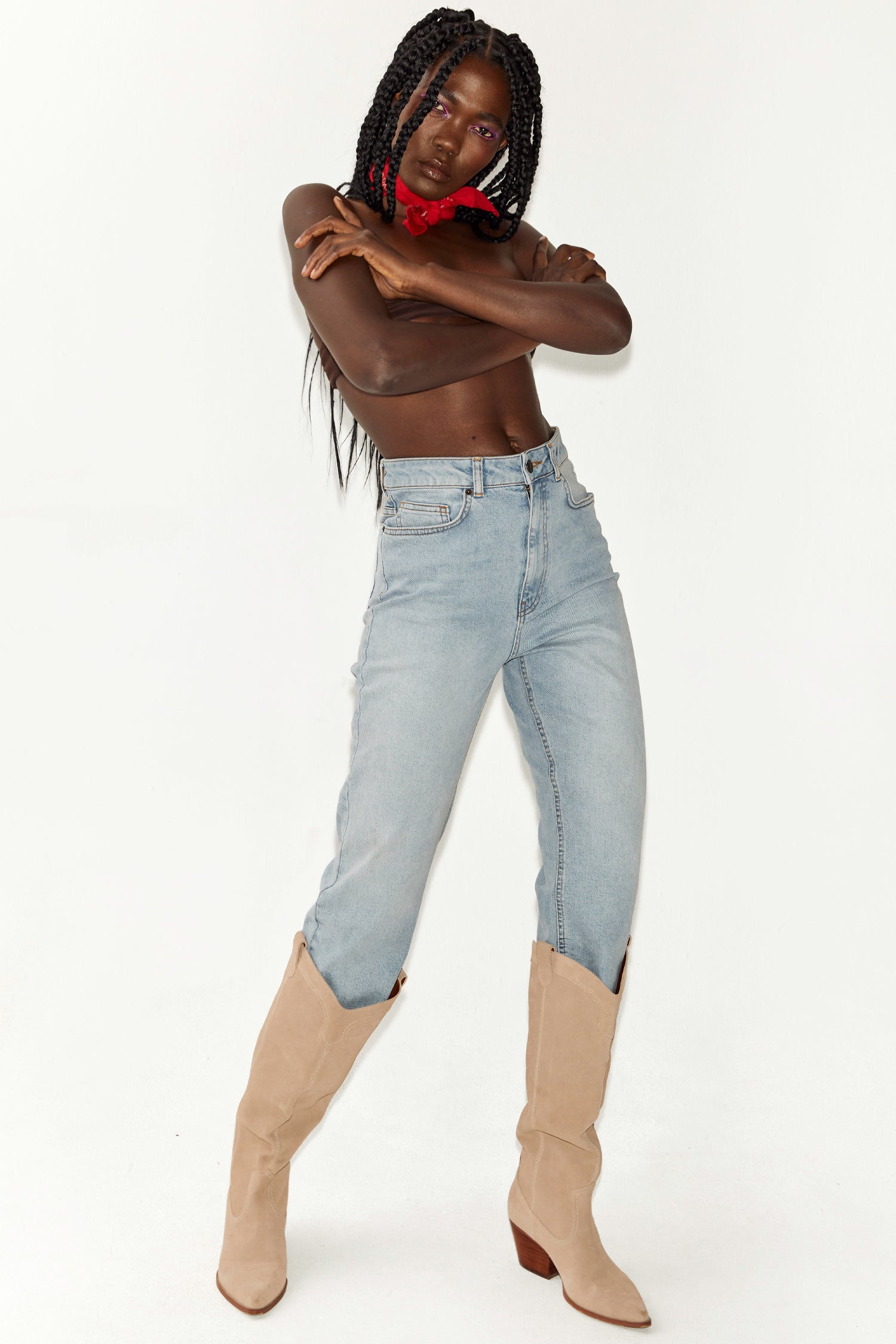Model wearing Suede Cowboy Boot standing facing the camera