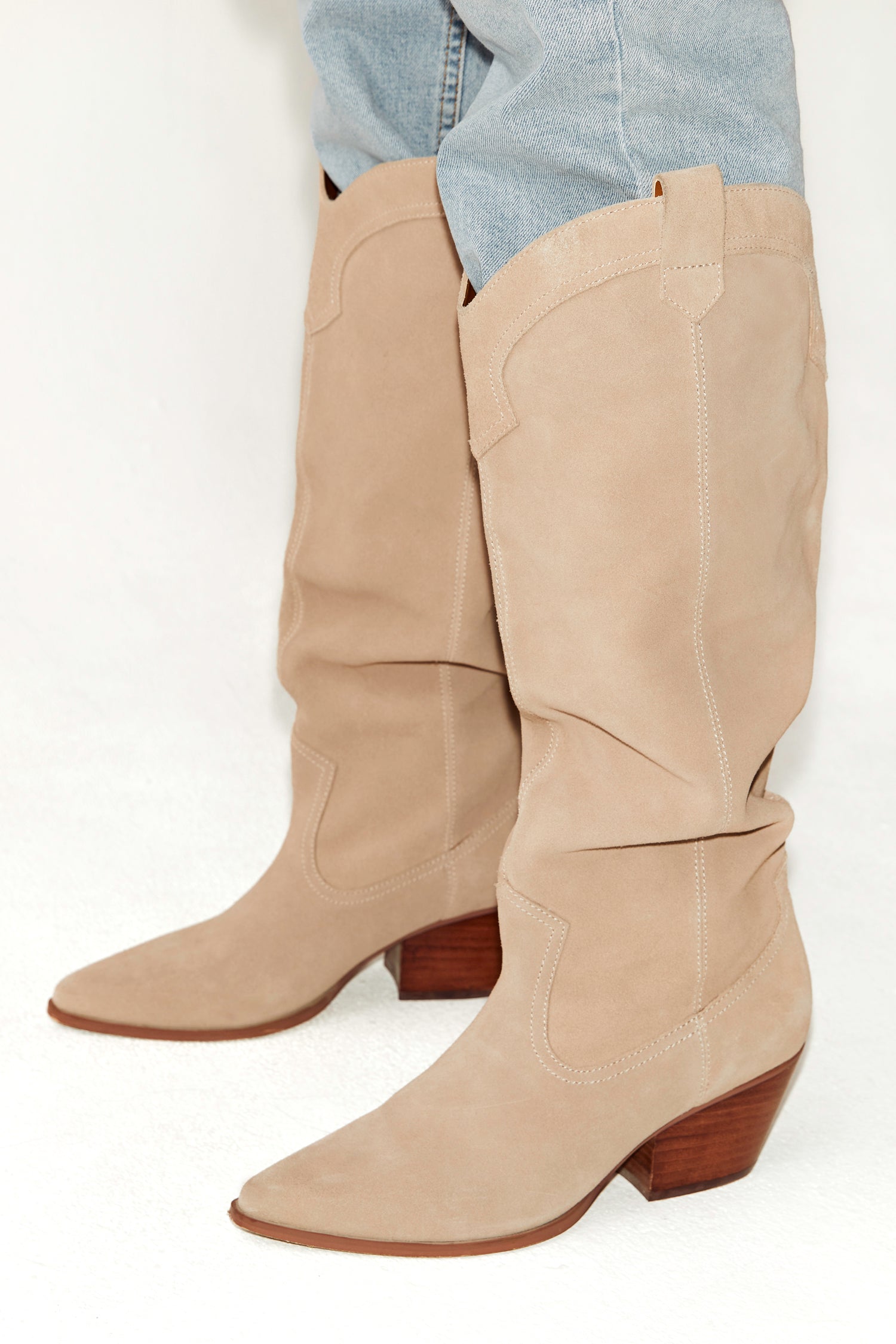 Model wearing Suede Cowboy Boot close up