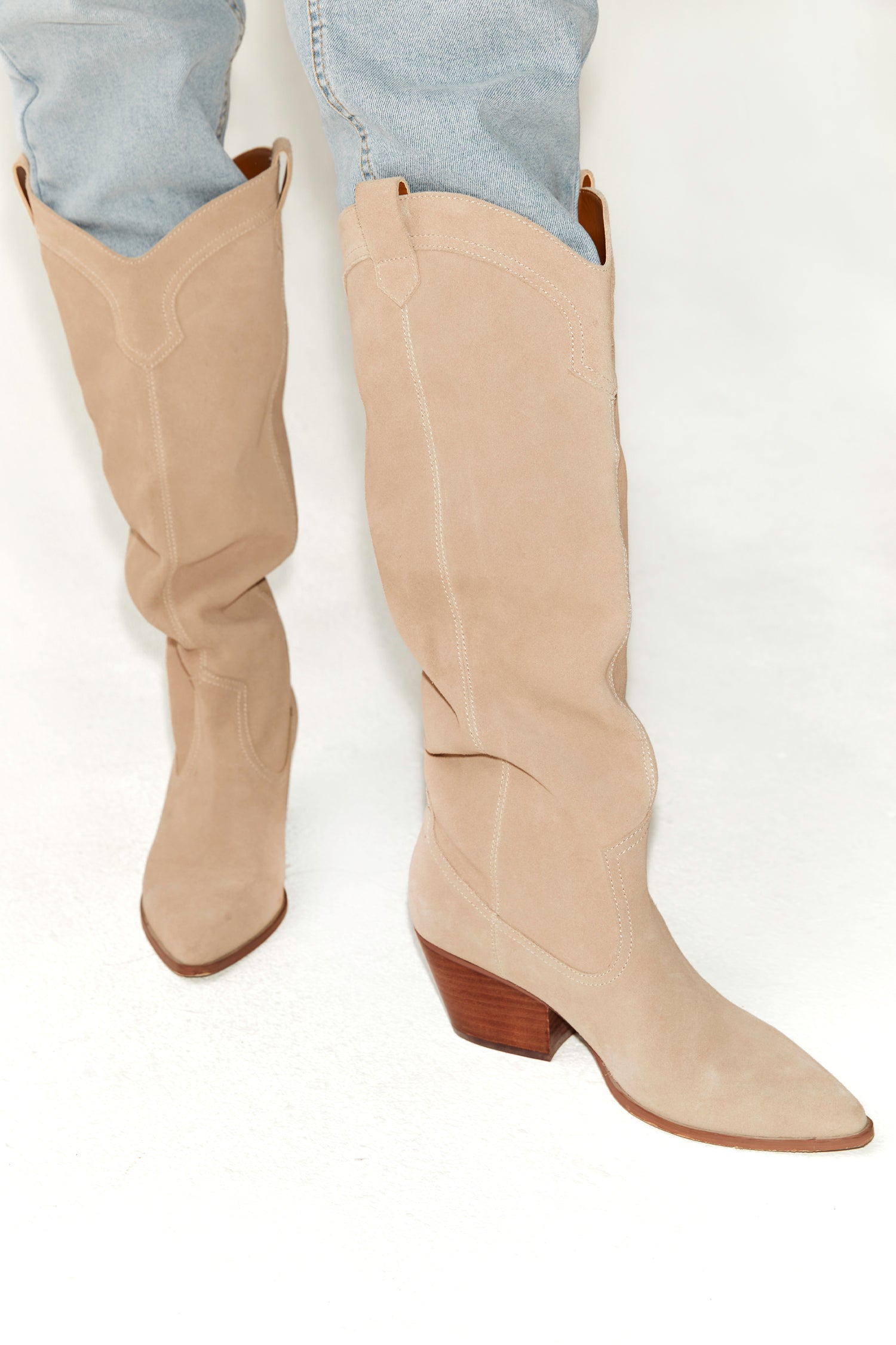 Model wearing Suede Cowboy Boot close up
