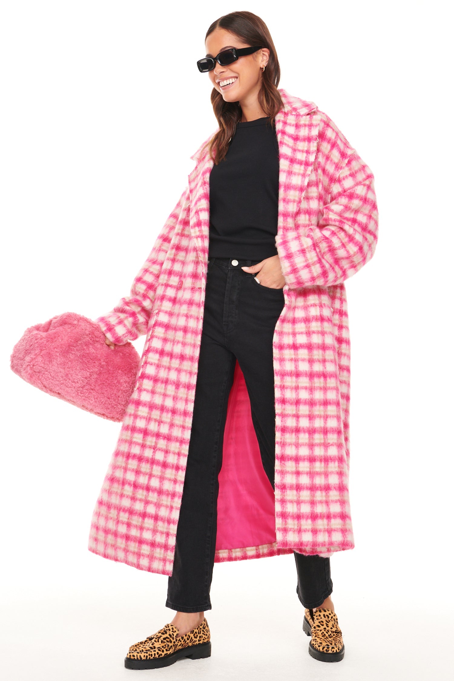 Model wearing Pink Check Zadie Coat standing facing the camera