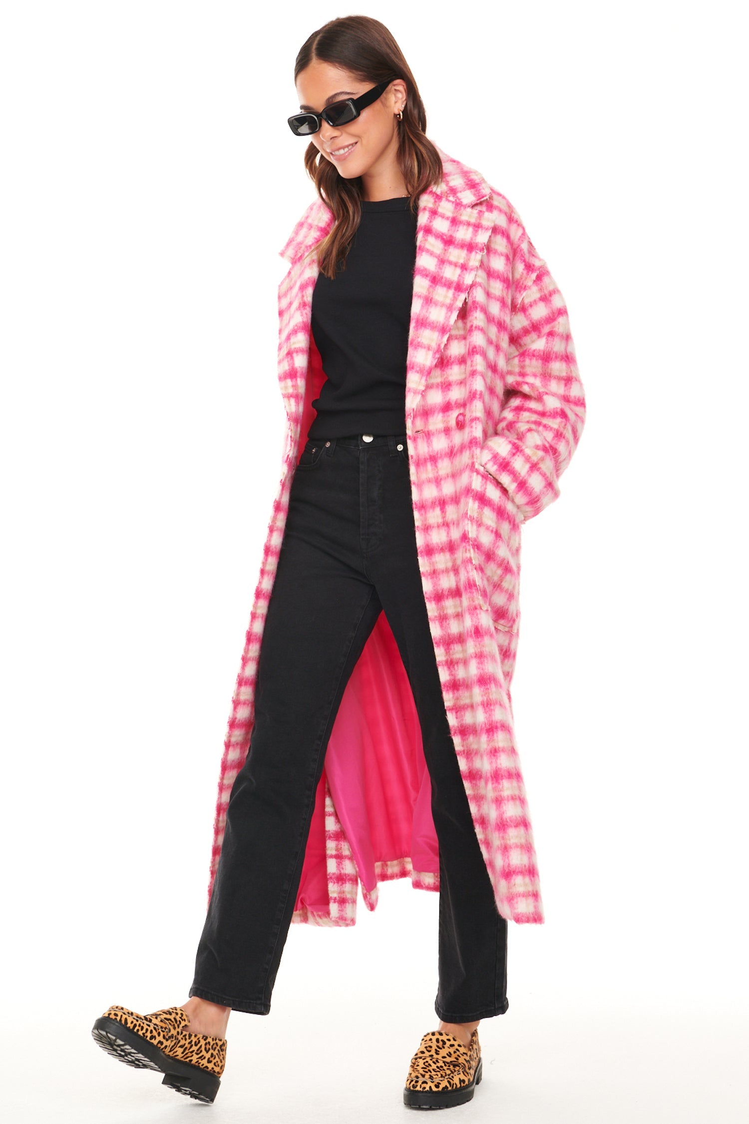 Model wearing Pink Check Zadie Coat standing facing the camera