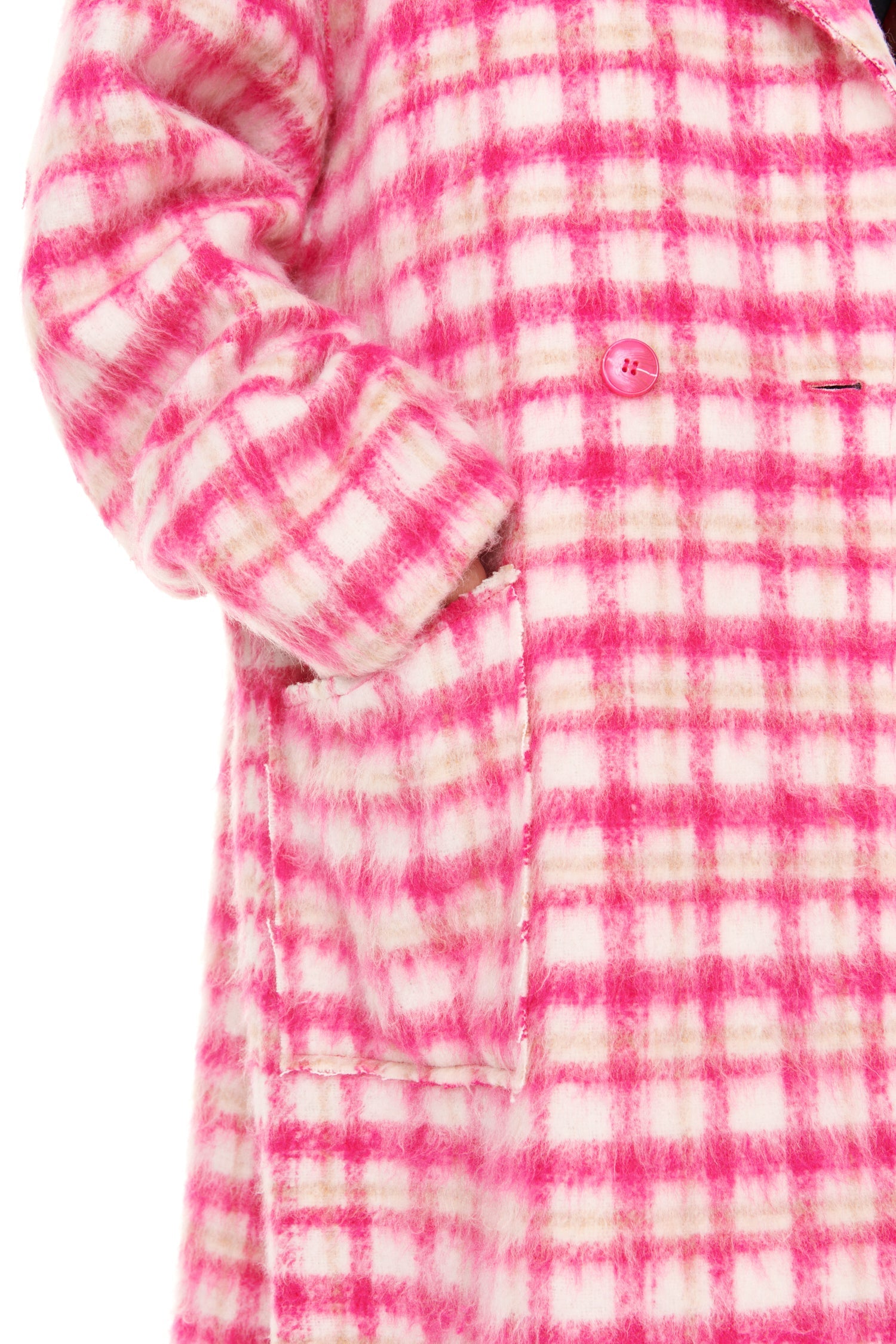 Model wearing Pink Check Zadie Coat standing facing the camera close up
