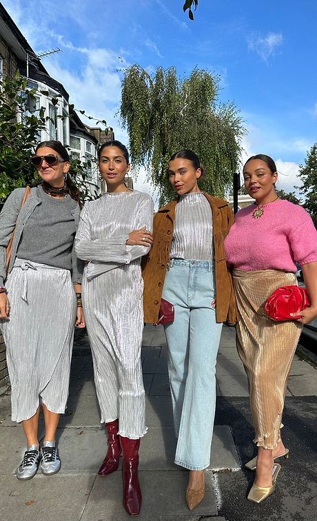 Lucy with three models wearing different versions of our plisse fabric