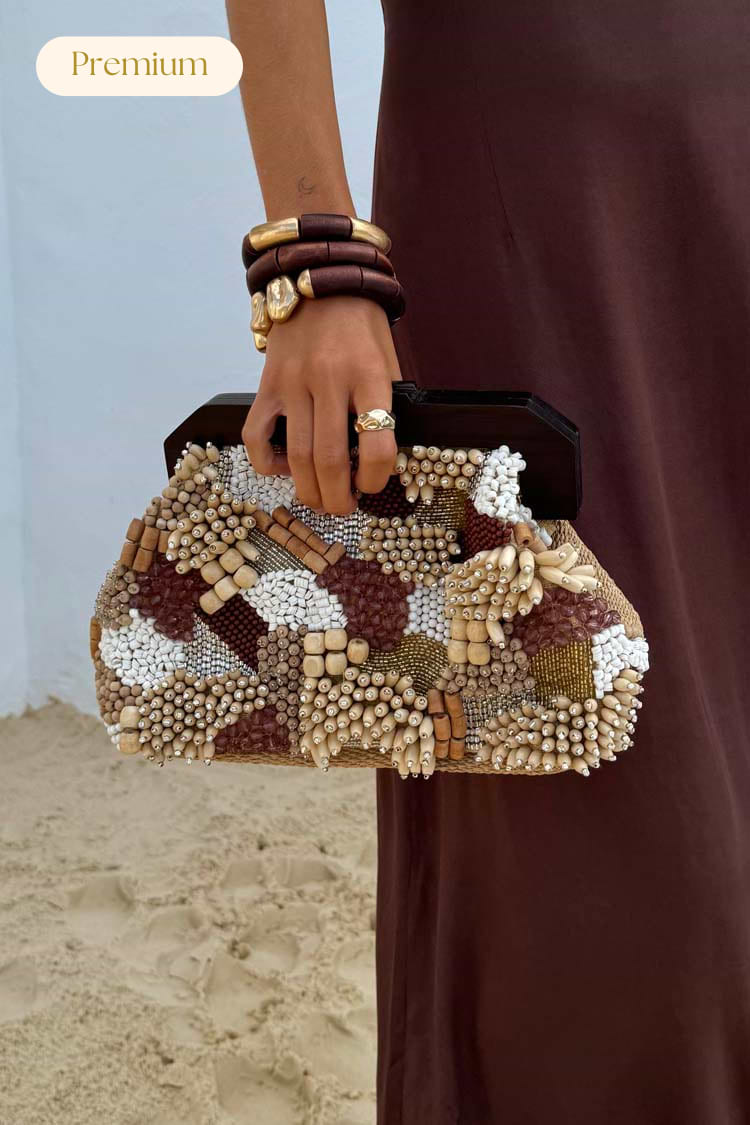 Brown Beaded Clutch Bag