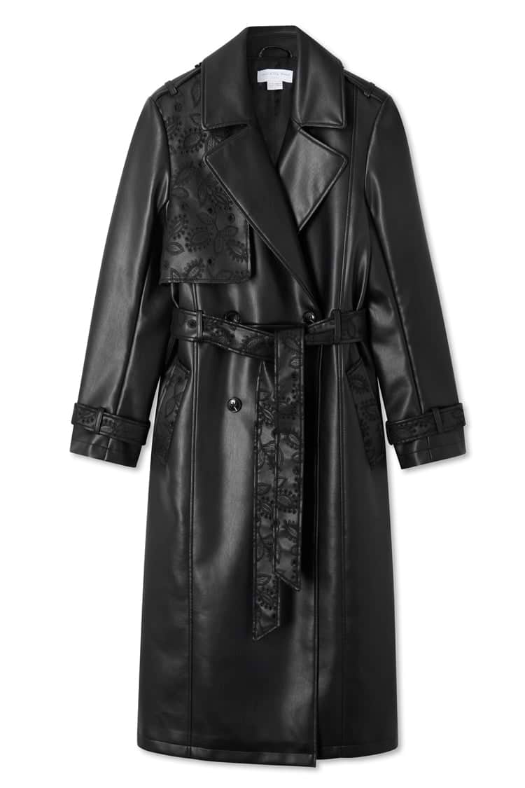 Black Embroidered Vegan Leather Trench Coat