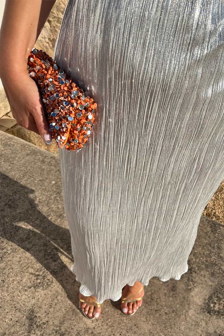 Model wearing Silver Plisse Midi Dress