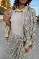 Thumbnail for model wearing Sequin Bomber off the shoulder 