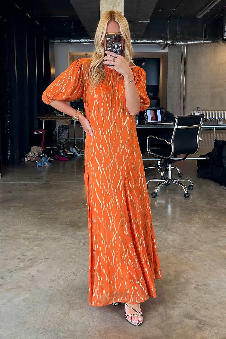 Model wearing Orange Jacquard Bibi Dress