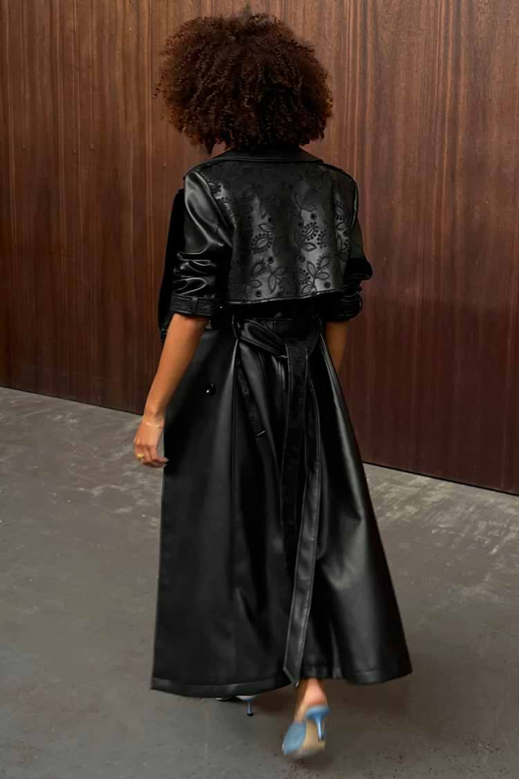 Black Embroidered Vegan Leather Trench Coat