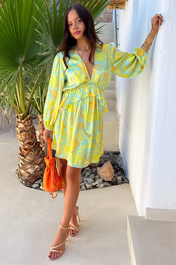 Model wearing Blue Palm Mini Swirl Dress