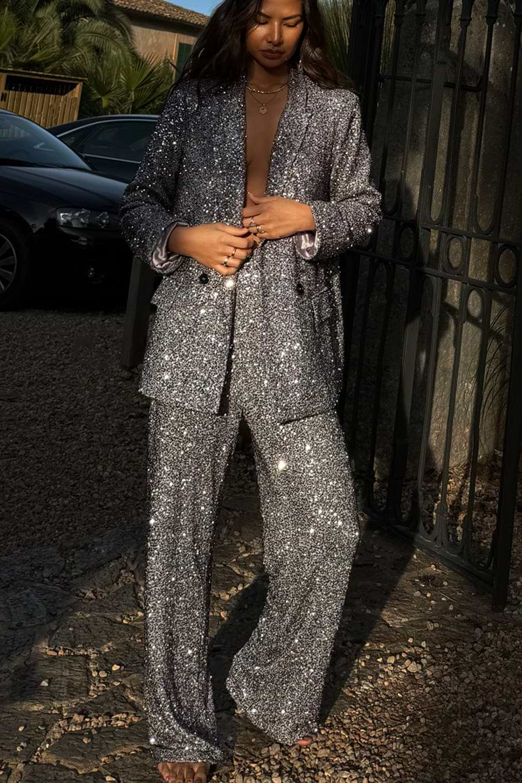 caption_Model wears Gunmetal Sequin Freddie Trousers in UK size 10/ US 6