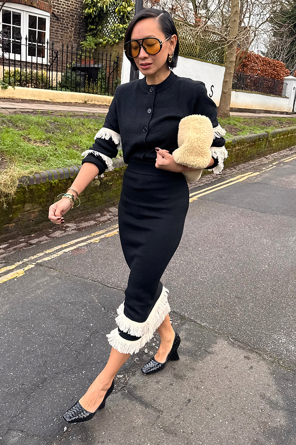 Black and Cream Fringe Straight Knit Skirt