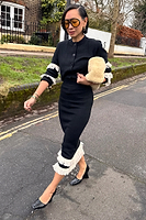 Thumbnail for caption_Model wears Black and Cream Fringe Straight Knit Skirt  in size S