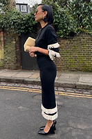 Thumbnail for caption_Model wears Black and Cream Fringe Straight Knit Skirt  in size S