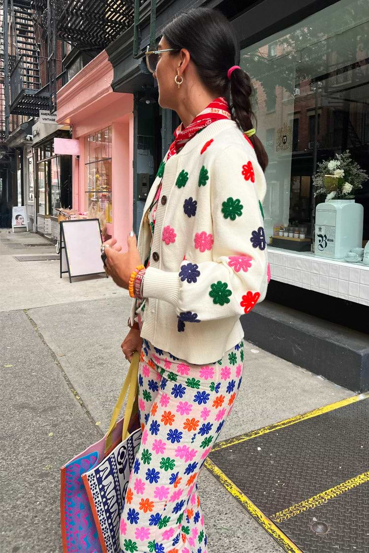 Model wearing Multi Flower Cardi