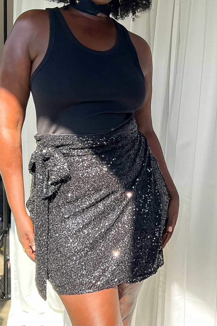 Model wearing Black Sequin Mini Jaspre Skirt 