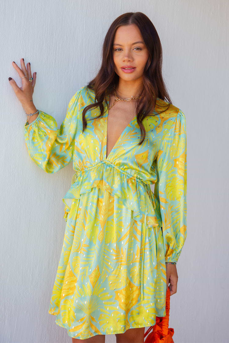 Model wearing Blue Palm Mini Swirl Dress