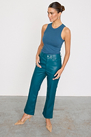 Thumbnail for caption_Model wears Teal Vegan Leather Trousers  in UK size 10/ US 6