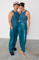 Thumbnail for caption_Model wears Teal Vegan Leather Trousers  in UK size 10/ US 6