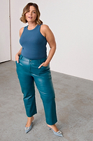 Thumbnail for caption_Model wears Teal Vegan Leather Trousers  in UK size 18/ US 14