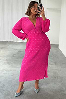 Thumbnail for caption_Model wears Pink Plisse Emma Dress in UK size 18/ US 14