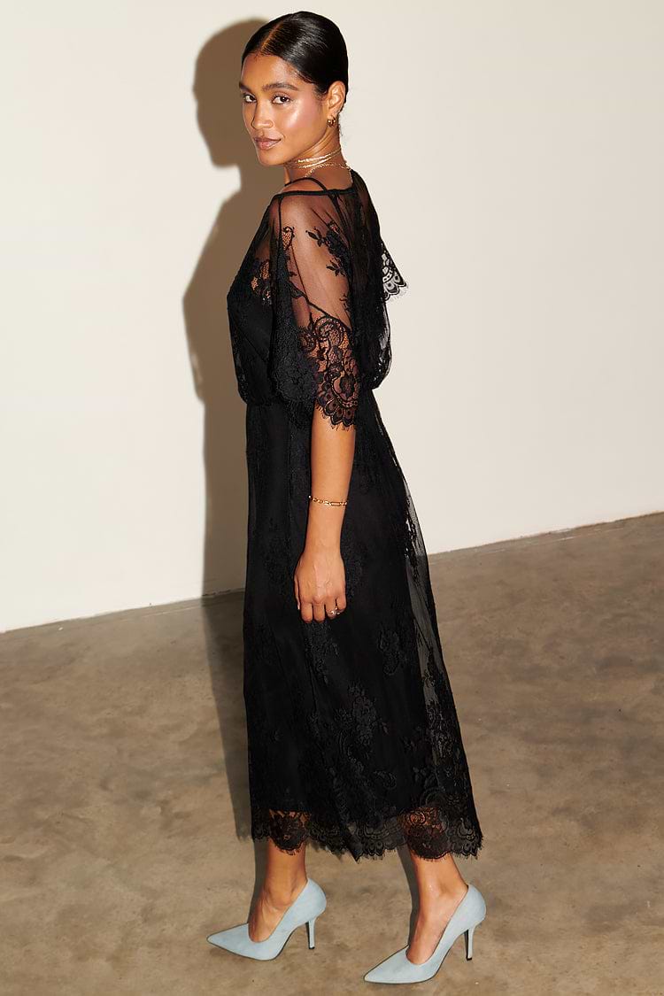 Model wearing Black Lace Tilly Dress