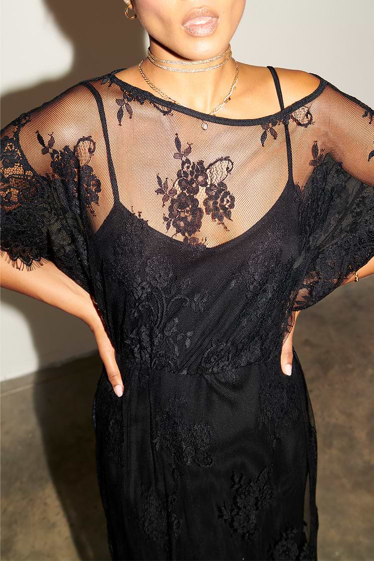 Model wearing Black Lace Tilly Dress