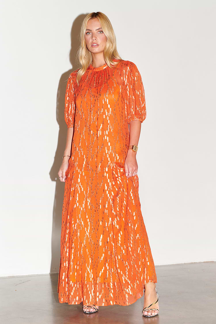 Model wearing Orange Jacquard Bibi Dress