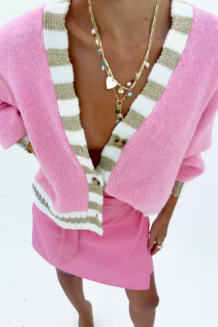 close up image of the sadie cardigan and pink mini jaspre 