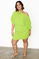 Thumbnail for caption_Model wears Lime Plisse Mini Tilly Dress in UK size 18/ US 14