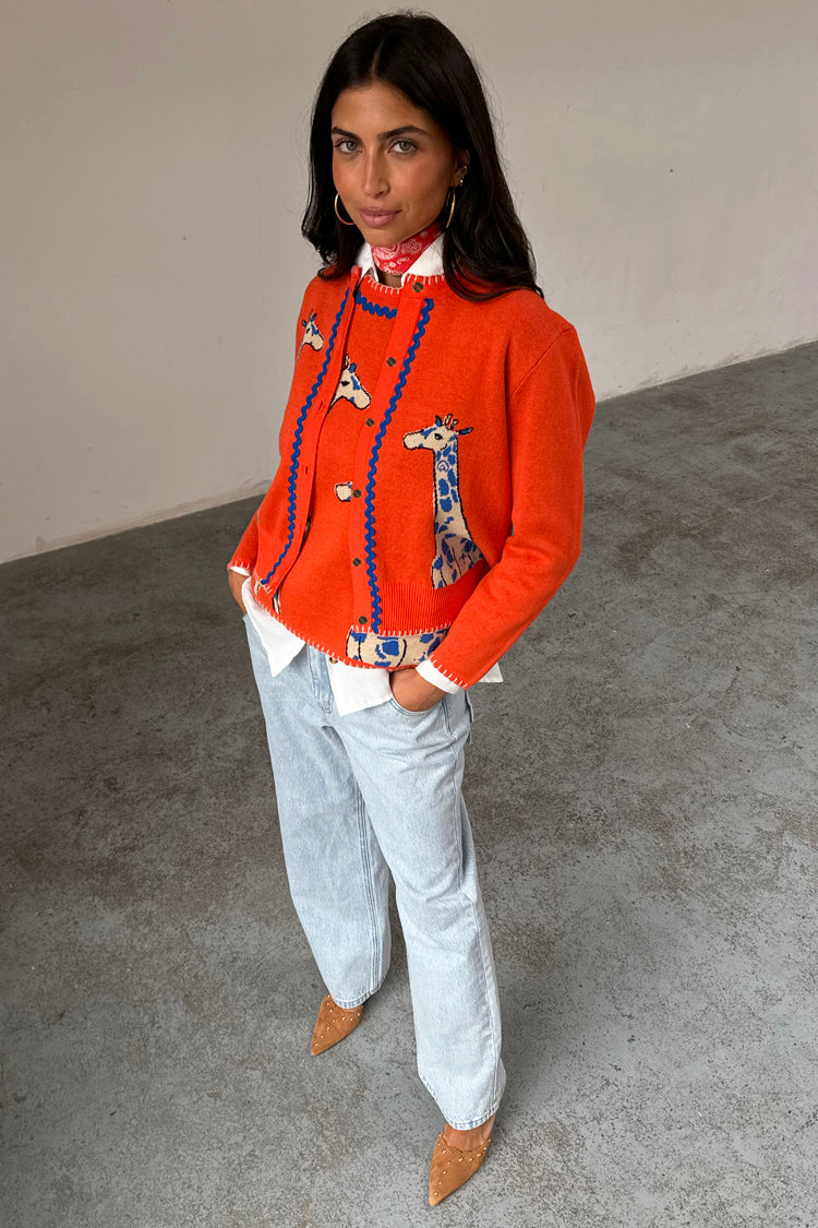 caption_Model wears Orange Giraffe Knit Cardigan  in UK size 8/ US 4