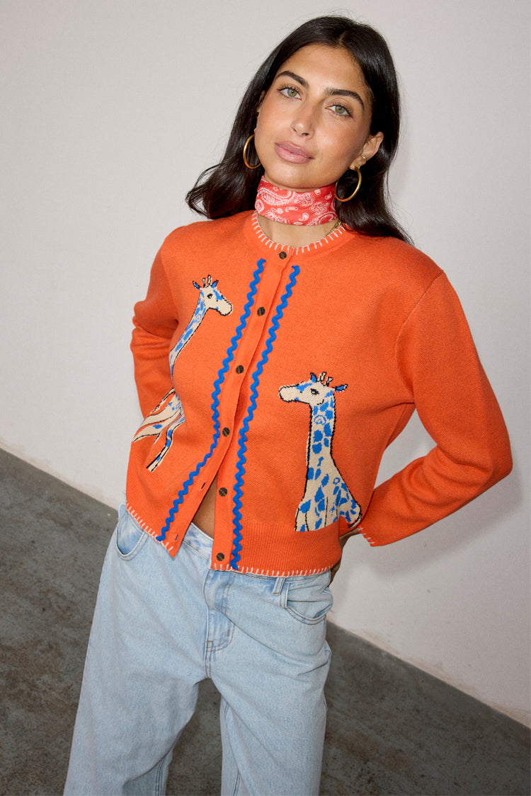 caption_Model wears Orange Giraffe Knit Cardigan  in UK size 8/ US 4