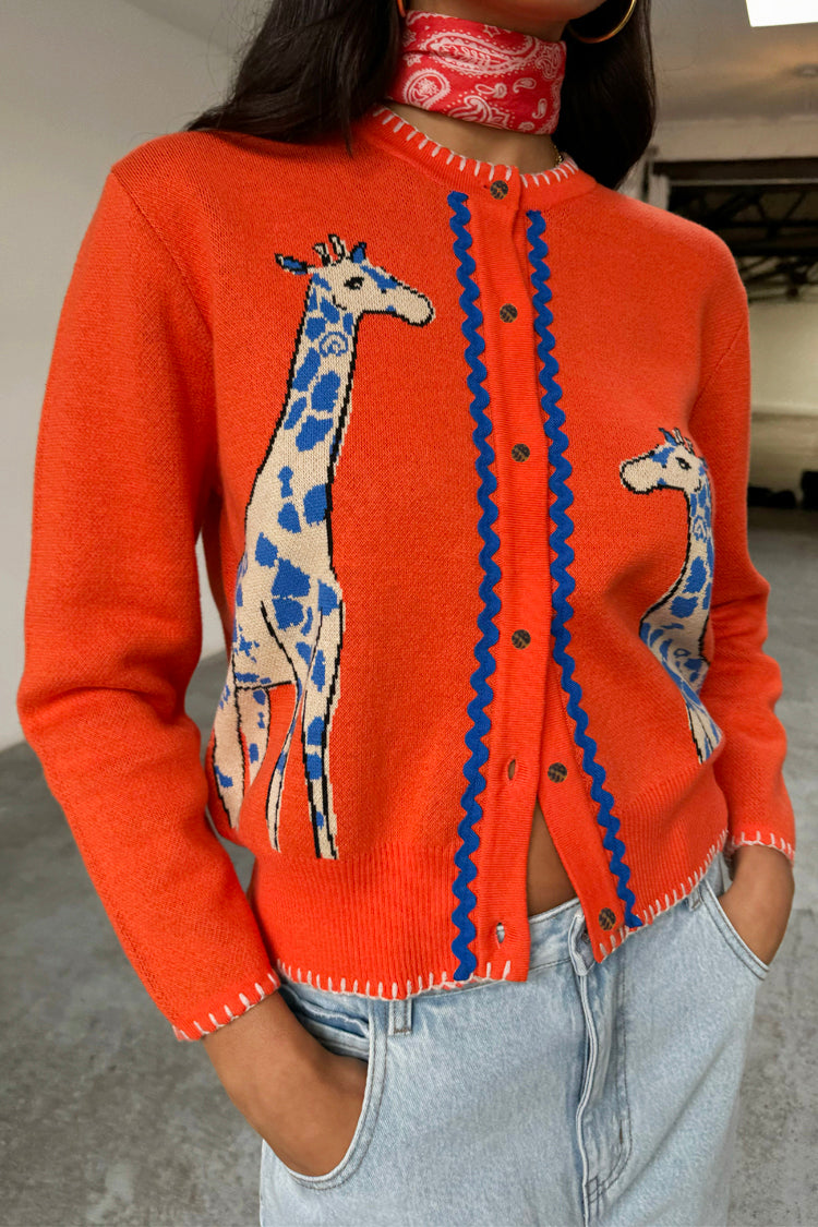 caption_Model wears Orange Giraffe Knit Cardigan  in UK size 8/ US 4