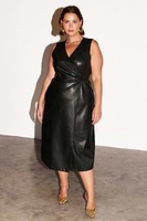 Thumbnail for model wearing the Black Vegan Leather Midi Wrap Dress