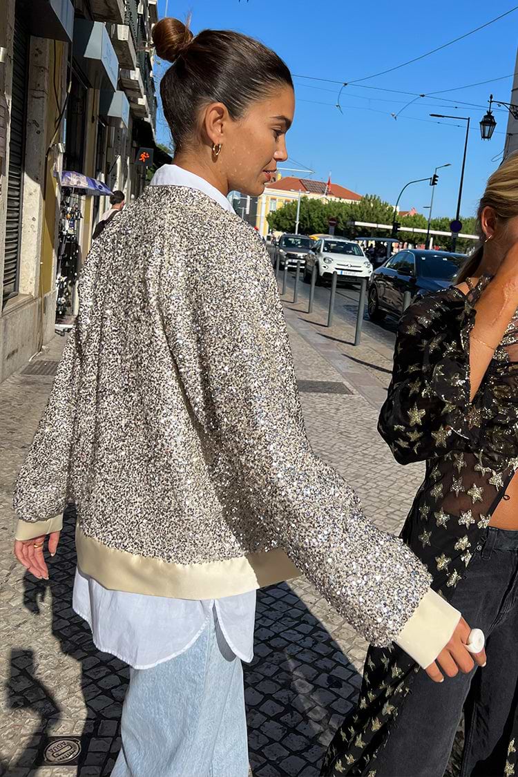 back of Model wearing Sequin Bomber